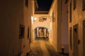 Old houses on alley with passageway under arch at night in Marvao