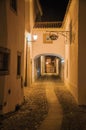 Old houses on alley with passageway under arch at night in Marvao