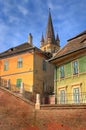 Old houses in front of a church