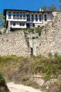 Old houses, sand pyramids and ruins of Saint Barbara church in town of Melnik, Bulgaria Royalty Free Stock Photo