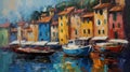 Portofino taly oil paint impressionism art old houses sea boat in lagoone mediterranean sea old town Royalty Free Stock Photo