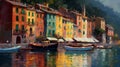 Portofino taly oil paint impressionism art old houses sea boat in lagoone mediterranean sea old town Royalty Free Stock Photo