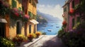 Portofino taly oil paint impressionism art old houses sea boat in lagoone mediterranean sea old town Royalty Free Stock Photo