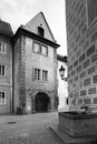 Old houses and small fountain at Golden street of Prague Castle, Hradcany, Prague, Czech Republic