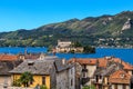 Old houses and small island on Lake Orta in Italy. Royalty Free Stock Photo