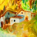 Old houses in spanish village, illustration, painting