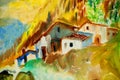 Old houses in spanish village, painting Royalty Free Stock Photo