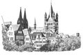 Old houses, St. Martin Church and Cologne Cathedral, Germany, ink sketch illustration Royalty Free Stock Photo