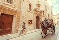 Old houses street with walking woman and touristic cart with horse in historical town