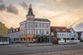 Old houses in the sunset over the harbour square in Svendborg, Denmark