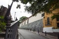 Old houses, vegetation, leafy trees, lonely narrow street and old iron railing with ornament and a bit of rust El Hatillo Miranda