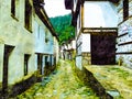 Old houses in a village in mountains. Colorful drawing illustration of a narrow street.