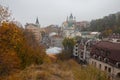 Old houses on the Vozdvizhenska street and St. Andrew`s Church Royalty Free Stock Photo