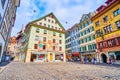 Old houses on Weinmarkt with scenic details and historic frescoes in Lucerne, Switzerland