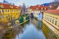 The Devil`s Canal with wheel of Smeltery Water Mill, Prague, Czech Republic Royalty Free Stock Photo