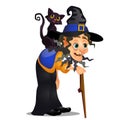 Old hunchbacked witch with walking stick and black cat on her shoulder isolated on white background. Sketch for poster Royalty Free Stock Photo