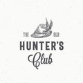 Old Hunters Club Abstract Vector Sign, Symbol or Logo Template. Tyrolean Hunter Hat with Feathers Sketch Drawing with