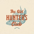 Old Hunters Club Abstract Vector Sign, Symbol or Logo Template. Tyrolean Hunter Hat with Feathers Sketch Drawing with