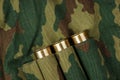 Old hunting cartridges and bandoleer on camouflage background Royalty Free Stock Photo