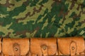 Old hunting cartridges and bandoleer on camouflage background Royalty Free Stock Photo