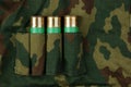 Old hunting cartridges and bandoleer on camouflage Royalty Free Stock Photo