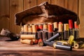 Old hunting cartridges and bandoleer on a wooden table Royalty Free Stock Photo