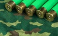 Old hunting cartridges on camouflage background Royalty Free Stock Photo