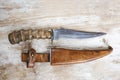 Old hunting knife on a wooden background. The handle is from horn of animal. Royalty Free Stock Photo