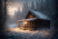 an old hut against the background of hard nature in winter, blizzard, dramatic sky and snowy forest, beautiful landscape Royalty Free Stock Photo