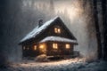 an old hut against the background of hard nature in winter, blizzard, dramatic sky and snowy forest, beautiful landscape Royalty Free Stock Photo