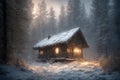 an old hut against the background of hard nature in winter, blizzard, dramatic sky and snowy forest, beautiful landscape Royalty Free Stock Photo
