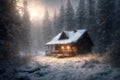 an old hut against the background of hard nature in winter, blizzard, dramatic sky and snowy forest, beautiful landscape Royalty Free Stock Photo