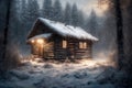 an old hut against the background of hard nature in winter, blizzard, dramatic sky and snowy forest, beautiful landscape Royalty Free Stock Photo