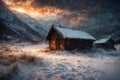 an old hut against the background of hard nature in winter, blizzard, dramatic sky and snowy mountains, forest, beautiful Royalty Free Stock Photo