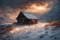 an old hut against the background of hard nature in winter, blizzard, dramatic sky and snowy mountains, forest, beautiful Royalty Free Stock Photo
