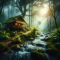 An old hut in a stunning forest, at the afternoon of rainy day, with river and small rocks, tree, plants, wallpaper, dreamlike