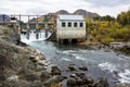 Old hydroelectric power station river Katun and Altay mountains Royalty Free Stock Photo