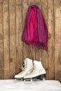 Old ice skates and scarf in the snow Royalty Free Stock Photo