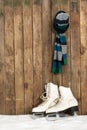 Old ice skates and scarf in the snow Royalty Free Stock Photo