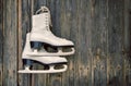 Old ice skates on wooden wall Royalty Free Stock Photo