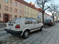 Old classic veteran vintage historic white famous German car VW Golf II three door Royalty Free Stock Photo