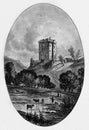 Old Illustration of Historic Scottish Castle Landscape Royalty Free Stock Photo