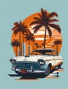 An old illustration sticker of a car in a sunset atmosphere. Ai Generated. Royalty Free Stock Photo