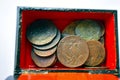 Old Imperial Russian coins on a white background Translation: Kopeck, kopeck in silver