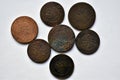 Old Imperial Russian coins on a white background Translation: Kopeck, kopeck in silver