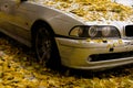 An old inactive car. Fallen yellow autumn leaves, in the forest, in the park or in the parking lot, on asphalt and on the road.