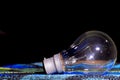 Old incandescent lamp in black background on green cloth