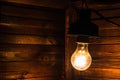 An old incandescent lamp illuminates the corner of a dark room. Electrification, payment for electricity