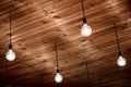 Old incandescent lamps hang on wires on a wooden ceiling. Retro design