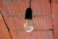Old incandescent light bulb covered with cobwebs hanging from red construction bricks with two black wires